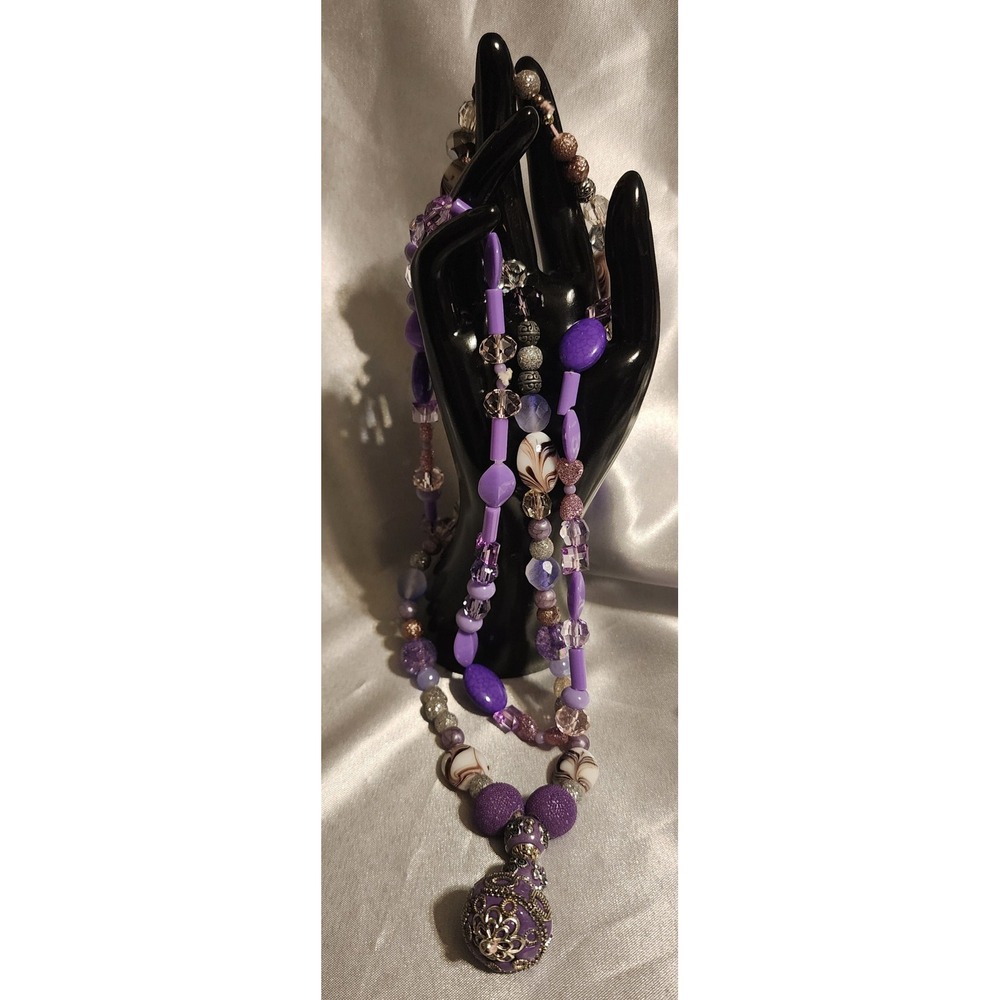 Purple Beaded Layered Necklace Set Silver Tone Filigree Orb Pendant Statement